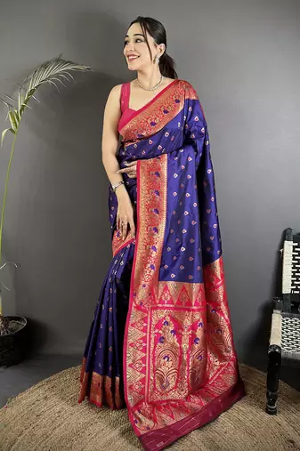 intricate motifs royal blue soft silk banarasi saree
