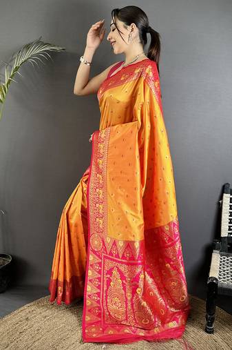 intricate motifs orange soft silk banarasi saree