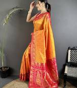 intricate motifs orange soft silk banarasi saree