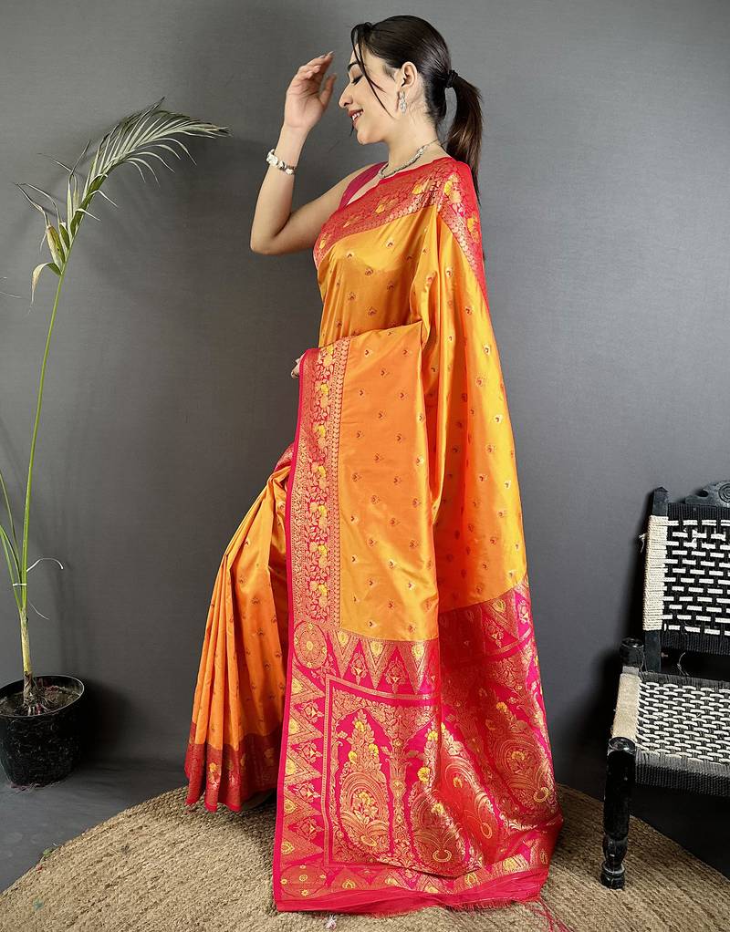 intricate motifs orange soft silk banarasi saree