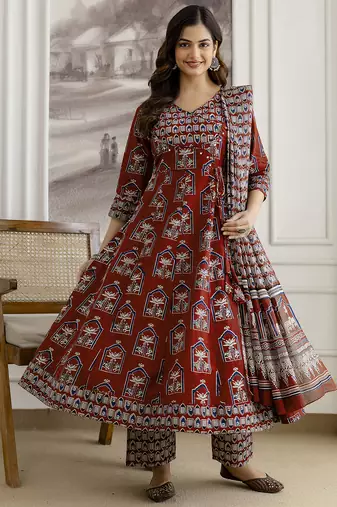 Maroon Pure Cotton Ajrakh Block Print Paper Mirror Work Anarkali Kurta Pant with Dupatta Set
