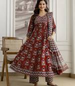 Maroon Pure Cotton Ajrakh Block Print Paper Mirror Work Anarkali Kurta Pant with Dupatta Set