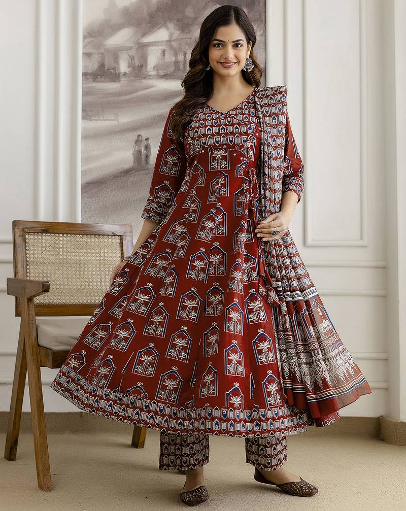 Maroon Pure Cotton Ajrakh Block Print Paper Mirror Work Anarkali Kurta Pant with Dupatta Set