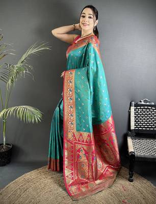 intricate motifs teal blue soft silk blend banarasi saree 1