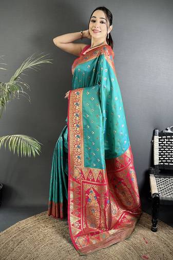 intricate motifs teal blue soft silk banarasi saree
