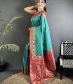 intricate motifs teal blue soft silk banarasi saree