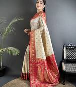 intricate motifs off white soft silk banarasi saree
