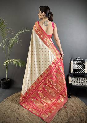 intricate motifs off white soft silk blend banarasi saree 2