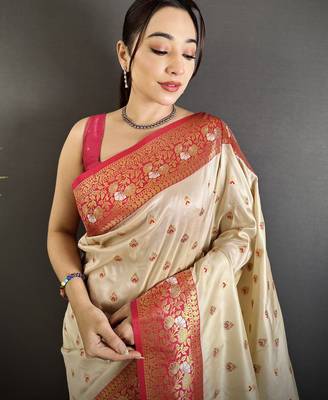 intricate motifs off white soft silk blend banarasi saree 3