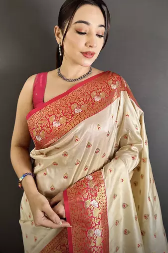 intricate motifs off white soft silk banarasi saree