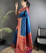 intricate motifs blue soft silk banarasi saree