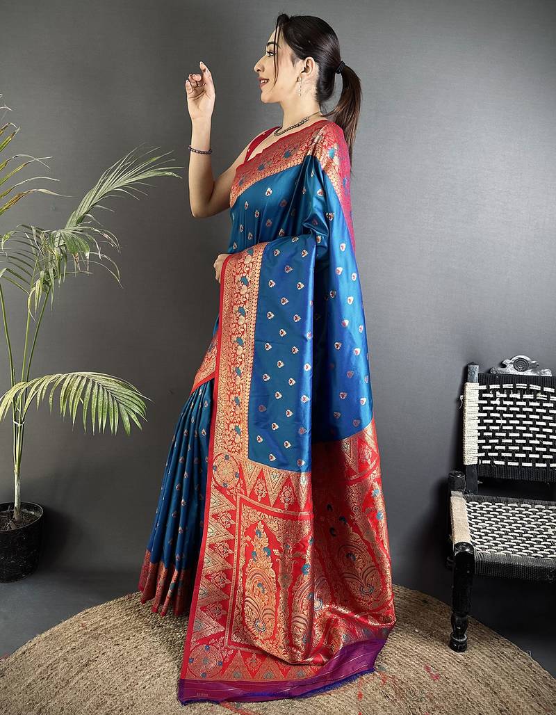intricate motifs blue soft silk banarasi saree