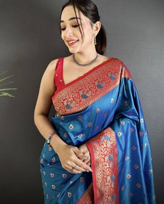 intricate motifs blue soft silk blend banarasi saree 3