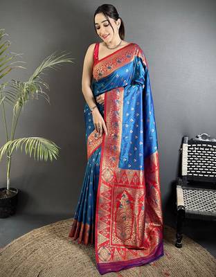 intricate motifs blue soft silk blend banarasi saree 5