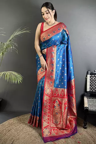 intricate motifs blue soft silk banarasi saree