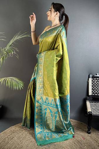 intricate motifs pista green soft silk banarasi saree