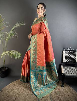 intricate motifs coral pink soft silk blend banarasi saree 1