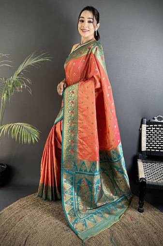intricate motifs coral pink soft silk banarasi saree
