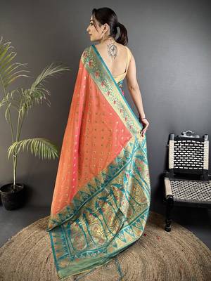 intricate motifs coral pink soft silk blend banarasi saree 2