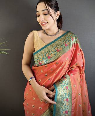 intricate motifs coral pink soft silk blend banarasi saree 3