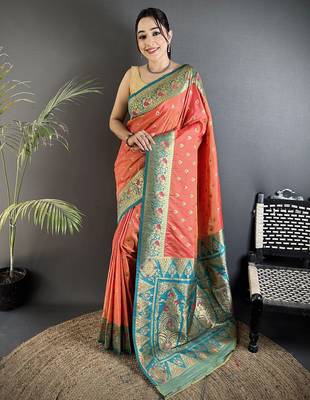 intricate motifs coral pink soft silk blend banarasi saree 5