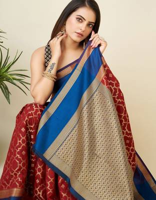 woven design red lichi silk blend kanchipuram sarees saree 3