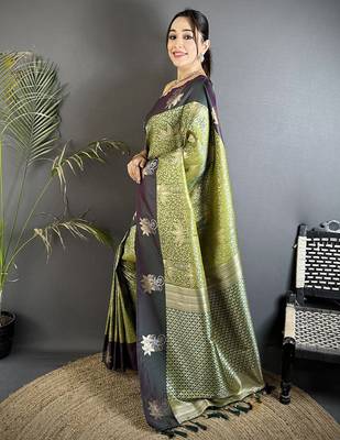 intricate zari weaving olive green soft silk blend blend dharmavaram saree 1