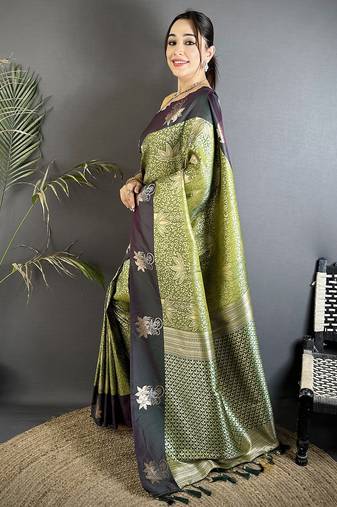 intricate zari weaving olive green soft silk blend dharmavaram saree
