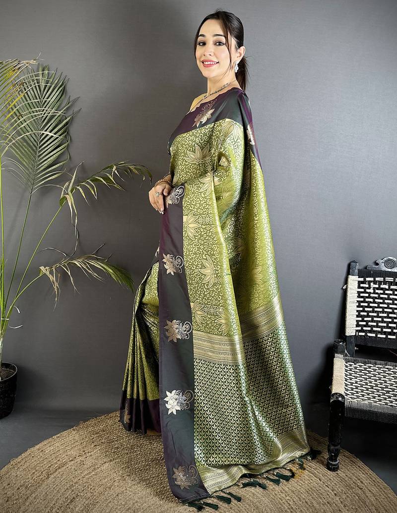 intricate zari weaving olive green soft silk blend dharmavaram saree