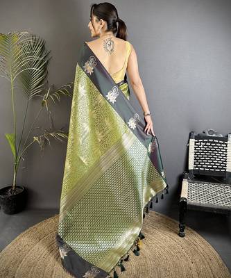 intricate zari weaving olive green soft silk blend blend dharmavaram saree 2