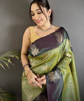 intricate zari weaving olive green soft silk blend blend dharmavaram saree 3
