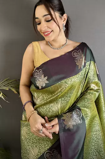 intricate zari weaving olive green soft silk blend blend dharmavaram saree