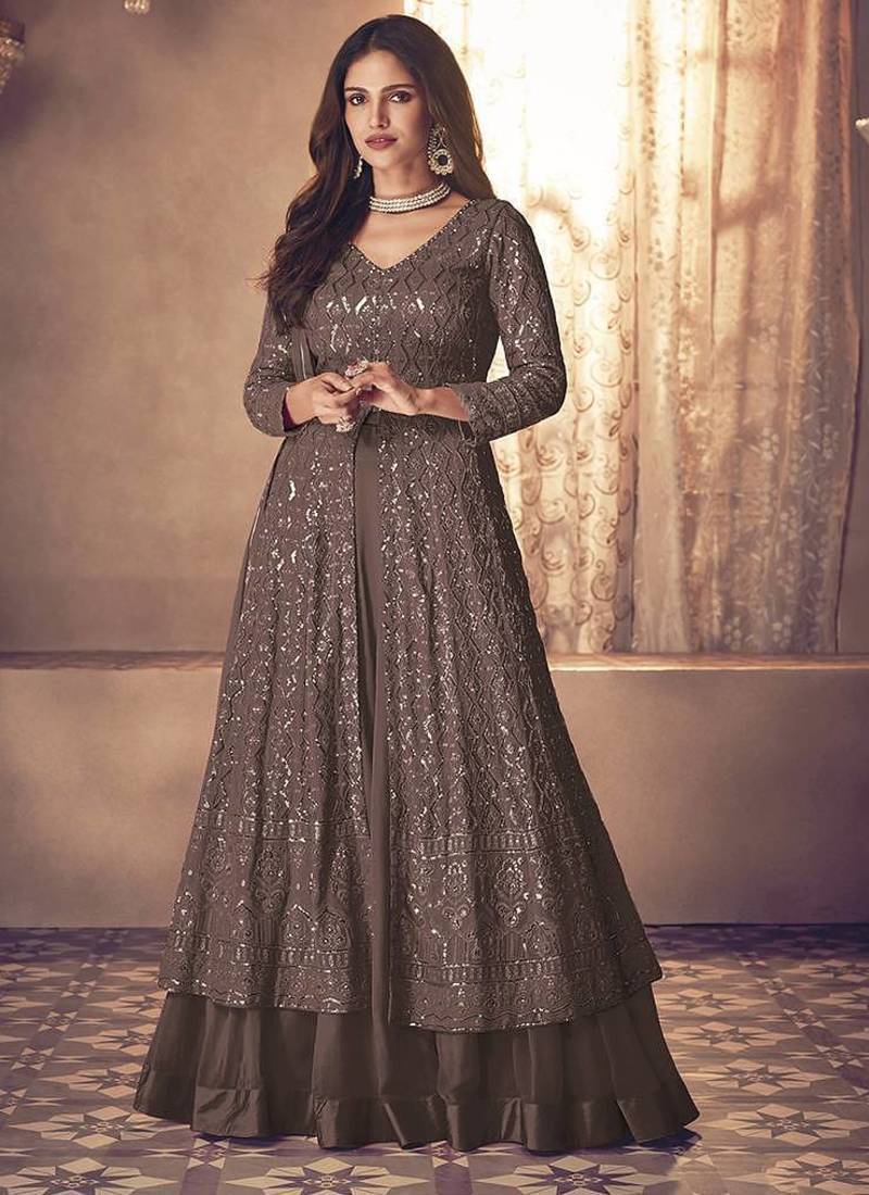 Chocolate Colour Faux Groegette Embroidered Lehenga Suit