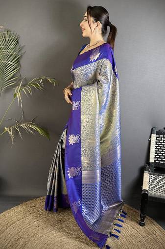 intricate zari weaving grey soft silk blend dharmavaram saree