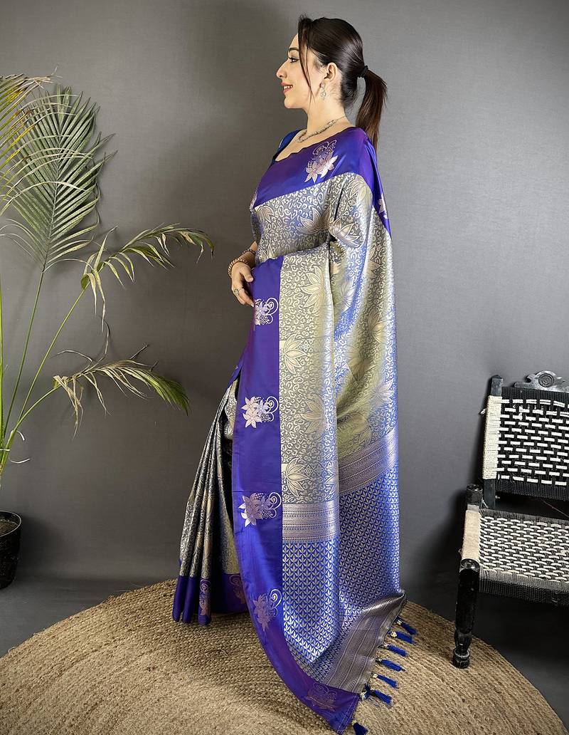 intricate zari weaving grey soft silk blend dharmavaram saree