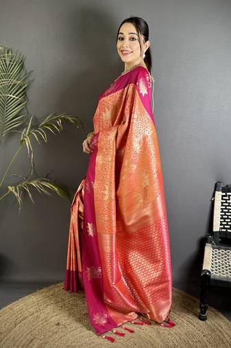 intricate zari weaving orange soft silk blend dharmavaram saree