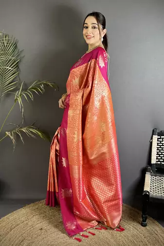 intricate zari weaving orange soft silk blend dharmavaram saree