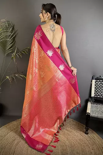 intricate  zari weaving orange soft silk blend dharmavaram saree