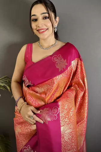 intricate  zari weaving orange soft silk blend dharmavaram saree