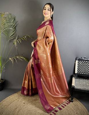 intricate zari weaving wine soft silk blend blend dharmavaram saree 1