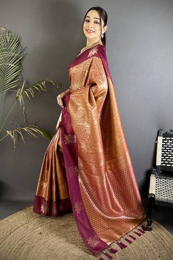 intricate zari weaving wine soft silk blend dharmavaram saree