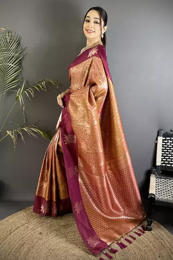 intricate zari weaving wine soft silk blend dharmavaram saree