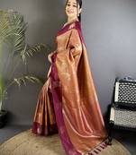 intricate zari weaving wine soft silk blend dharmavaram saree