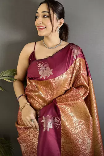 intricate  zari weaving wine soft silk blend dharmavaram saree