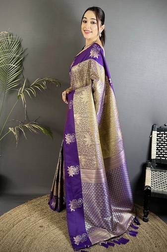 intricate zari weaving purple soft silk blend dharmavaram saree