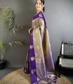 intricate zari weaving purple soft silk blend dharmavaram saree