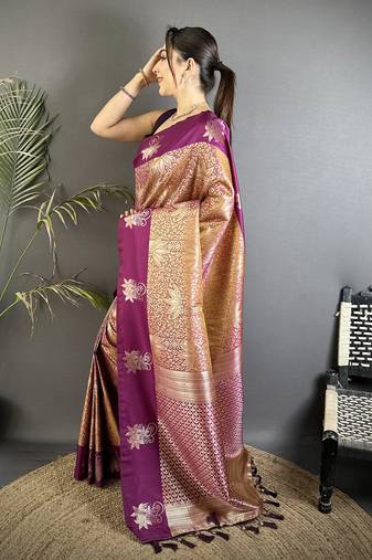 intricate zari weaving wine soft silk blend dharmavaram saree
