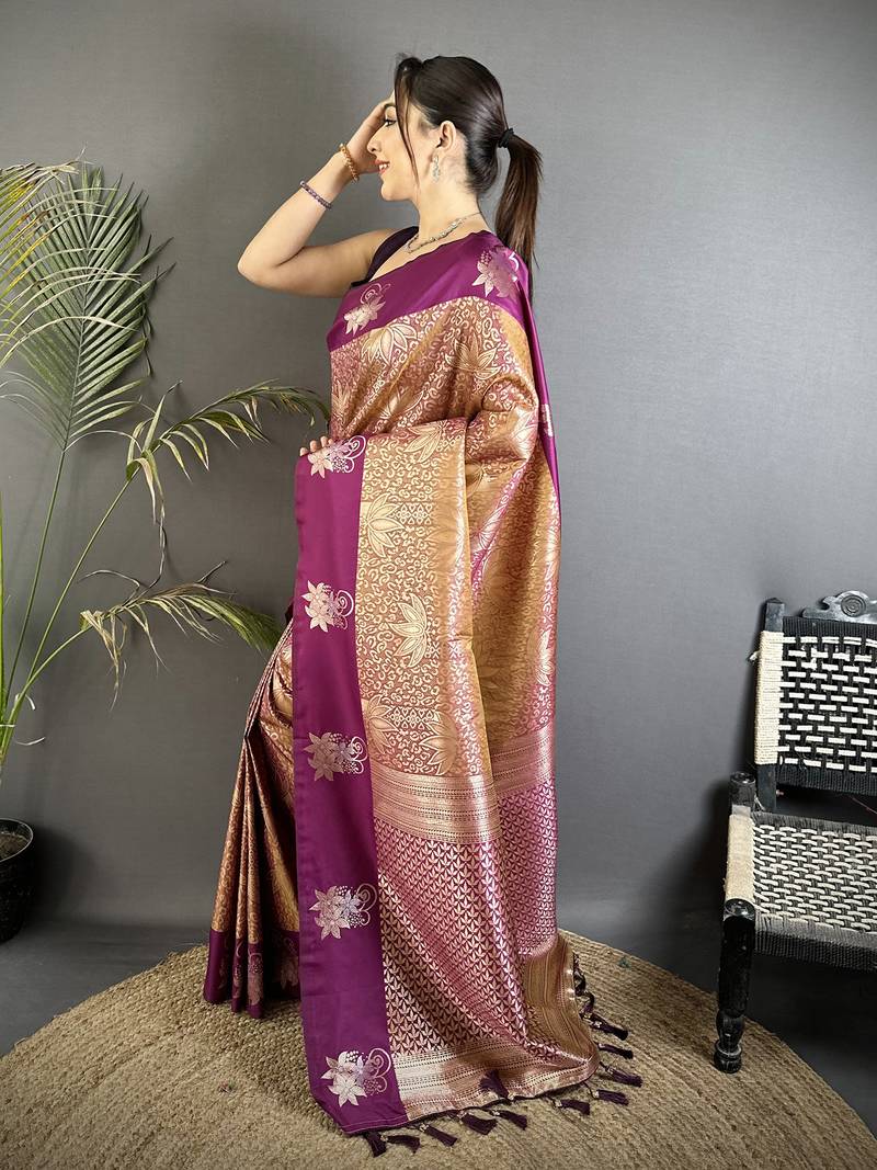 intricate zari weaving wine soft silk blend dharmavaram saree