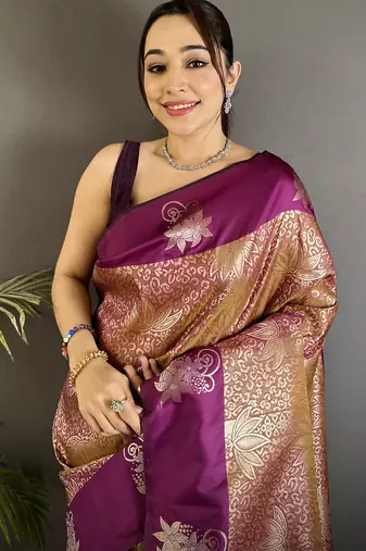 intricate  zari weaving wine soft silk blend dharmavaram saree
