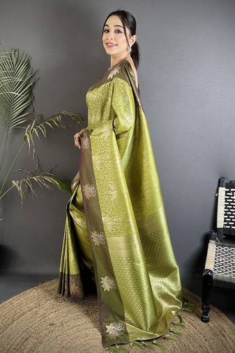 intricate zari weaving dusty green soft silk blend dharmavaram saree